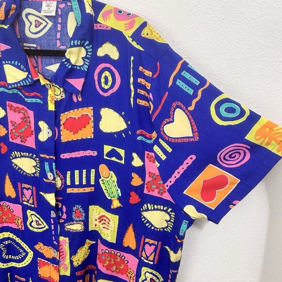 VTG 90s Paradiso Blue Colorful Quirky Hawaiian Shirt Artsy Beach Dopamine Sz 3X - Picture 5 of 10